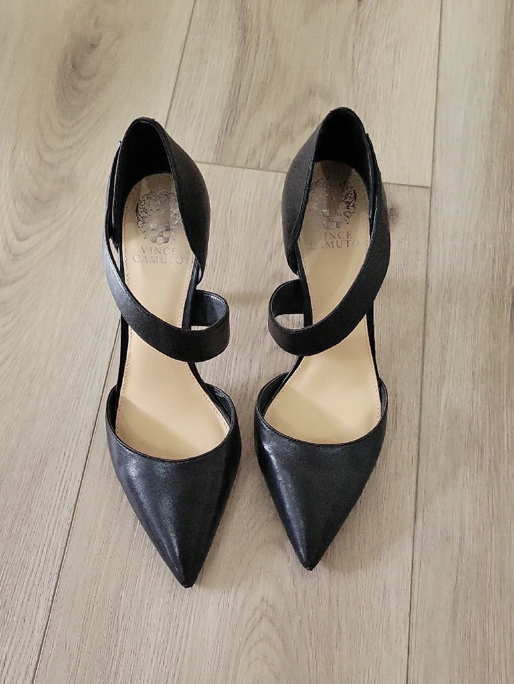 Vince Camuto Black Pointed Strap Pumps with Cross Ankle Band